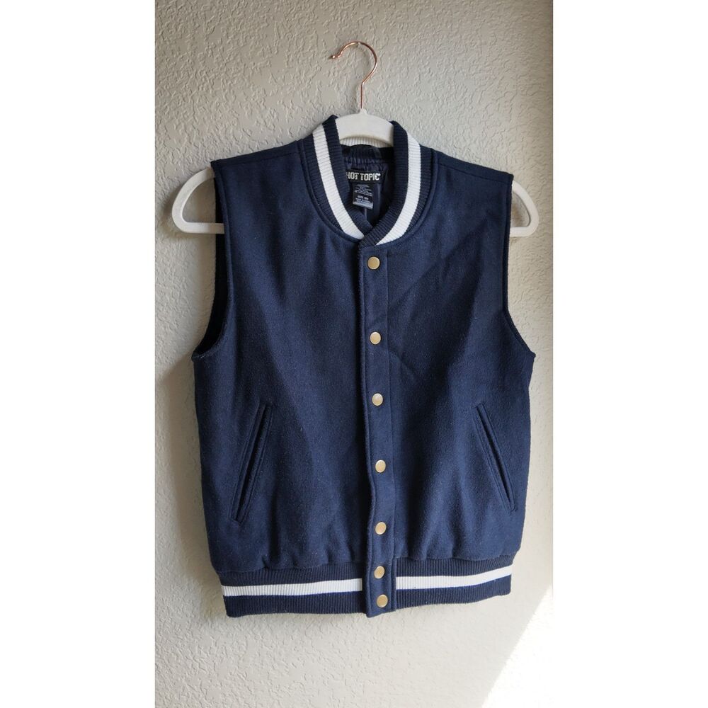 Hot Topic Navy Varsity Vest Small Wool Blend Gold Snap Sleeveless Jacket